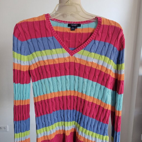 Chaps Cable Knit Striped Pastel Rainbow Cotton Sweater (Size: Large) - Picture 5 of 15